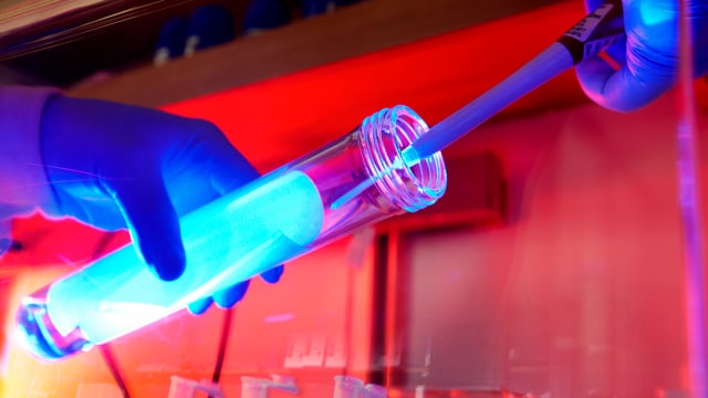 Eine behandschuhte Hand hält ein Reagenzglas, in das eine Pipette eingeführt ist, unter ein hellblaues Licht.